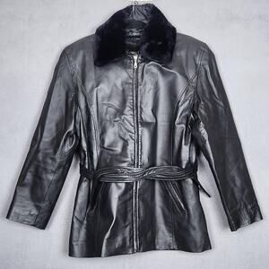 Sergio VADDUCCI Leather Coat Womens XL Black Belted Faux Fur Collar Zip Warm